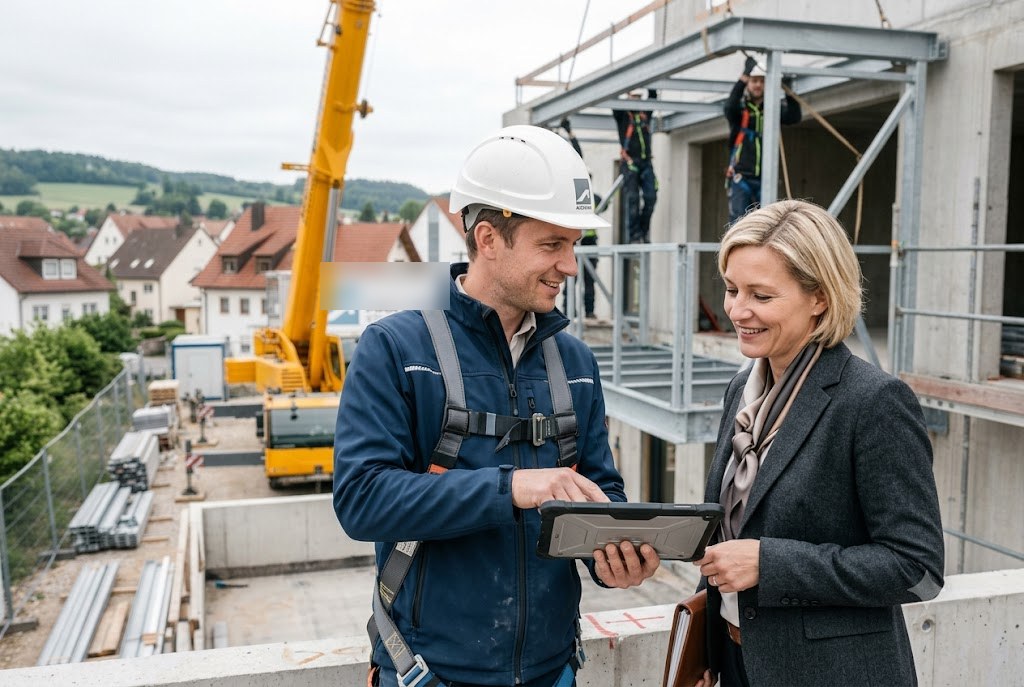 Bauleiter bespricht mit einer Auftraggeberin Pläne auf einem Tablet an der Baustelle