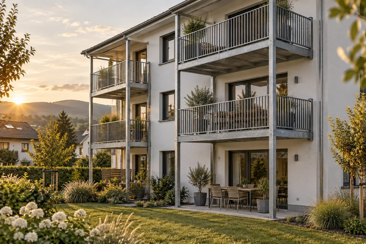 Vorgestellte Balkone aus verzinktem Stahl an einem Mehrfamilienhaus