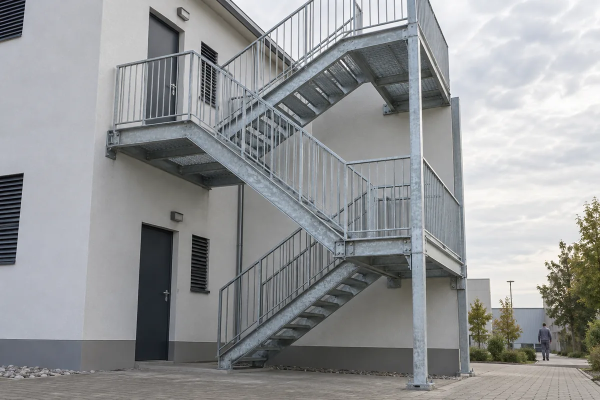 Außentreppe aus verzinktem Stahl an einem Bürogebäude