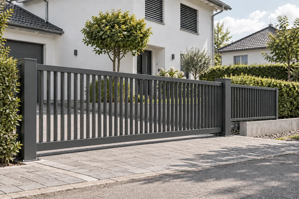 Freitragendes Schiebetor aus anthrazitfarbenem Stahl vor einem Einfamilienhaus