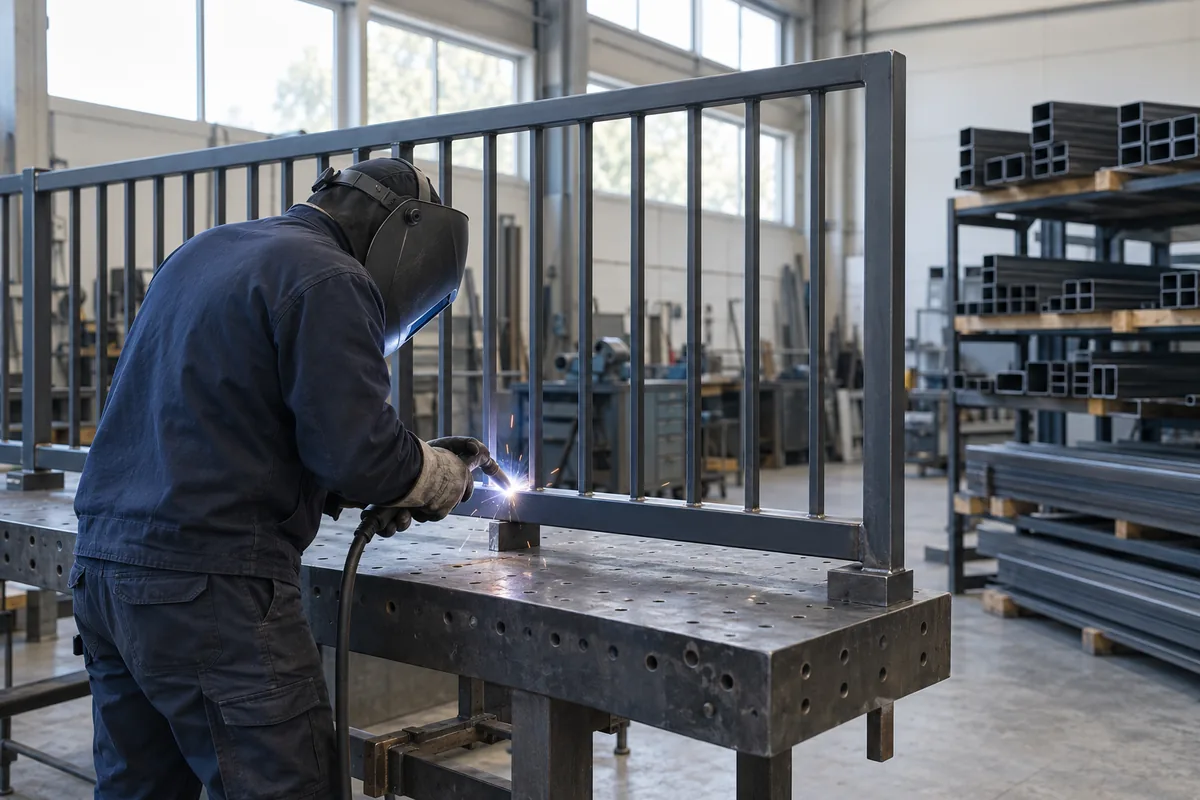 Metallbauer schweißt ein Stabgeländer am Schweißtisch