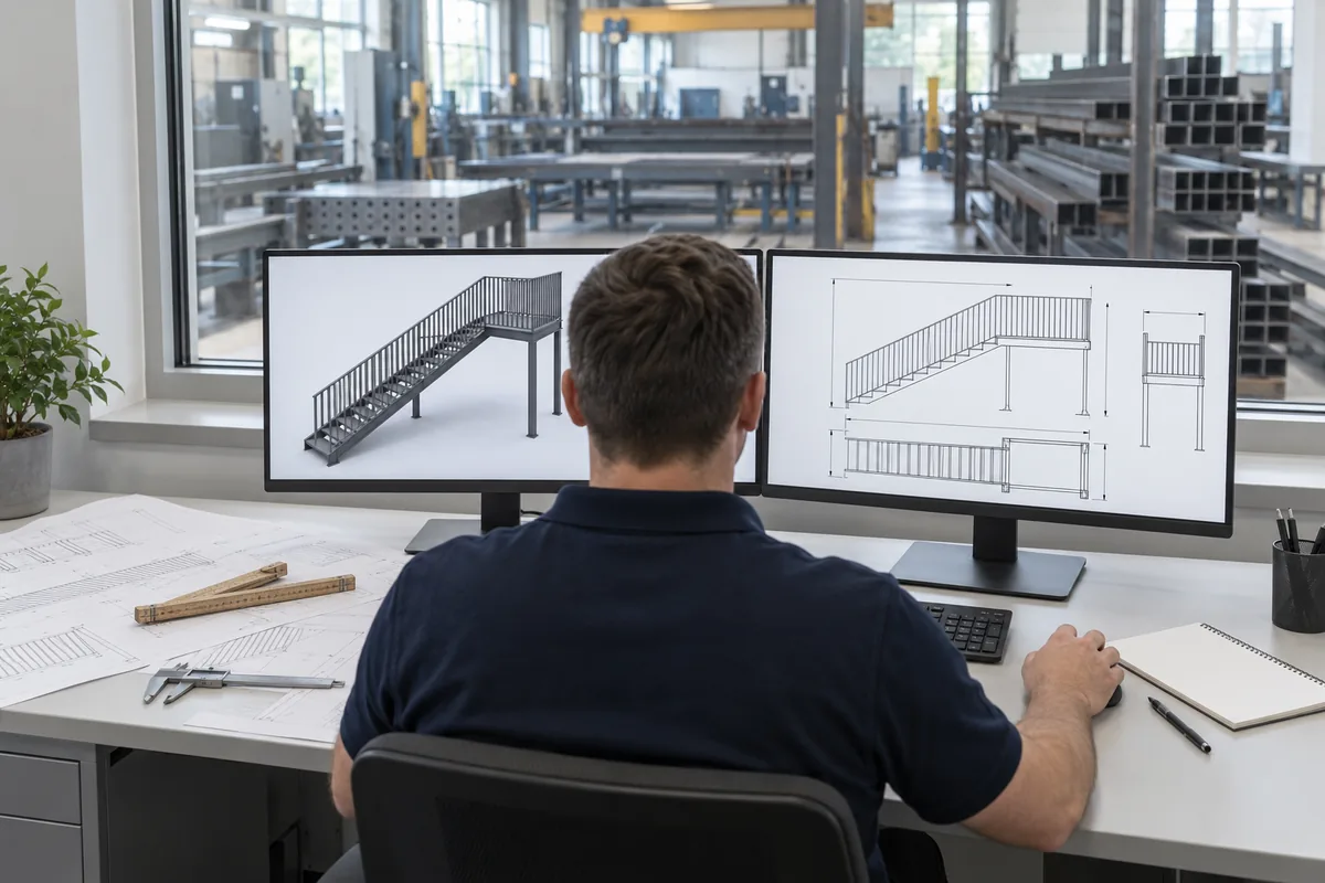 Arbeitsplatz mit 3D-Modell und technischer Zeichnung einer Stahltreppe